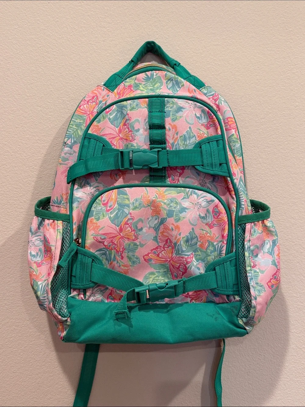 Lilly Pulitzer x Pottery Barn Butterfly Print Backpack Pink Teal Gold Zipper